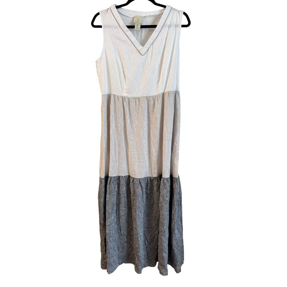 Joie Womens Linen Maxi Dress Small Colorblock Jeweled Neck Minimalist Coastal